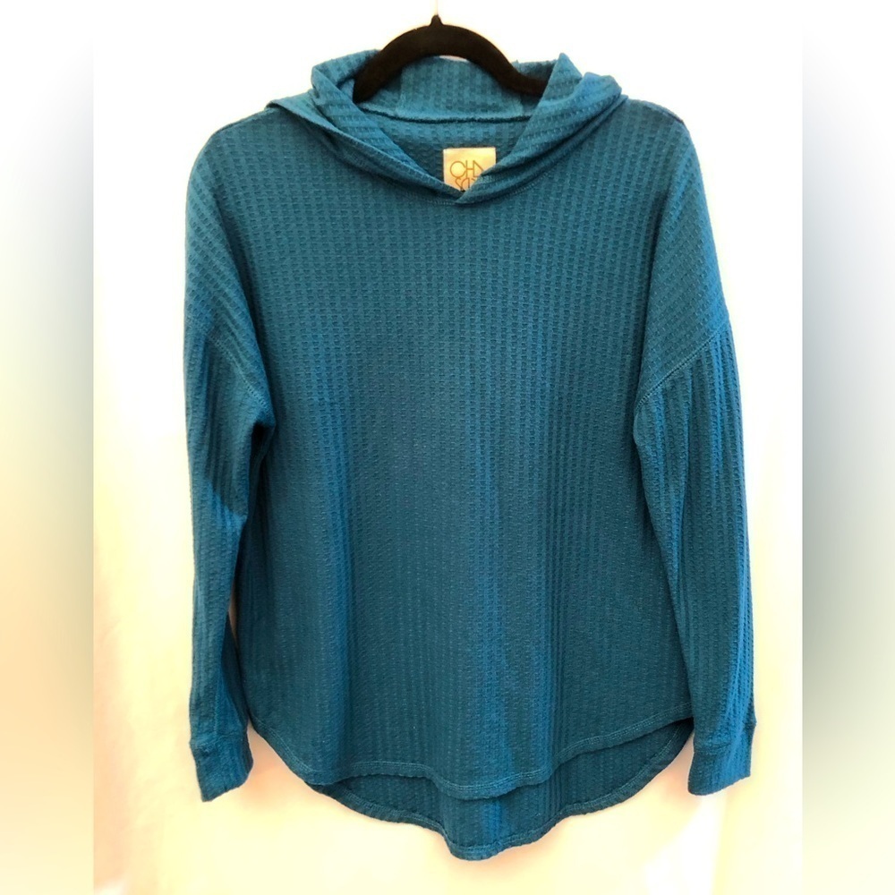 Chaser Waffle Knit Thermal Hoodie Size Small Top Sweater Oversized Slouchy Blue